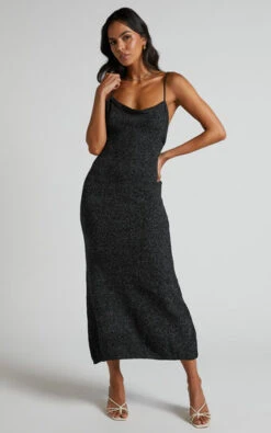 Showpo Yurika Knit Open Back Midi Dress In Black Marle