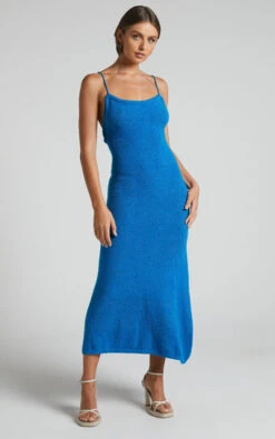 Showpo Yurika Knit Open Back Midi Dress In Blue