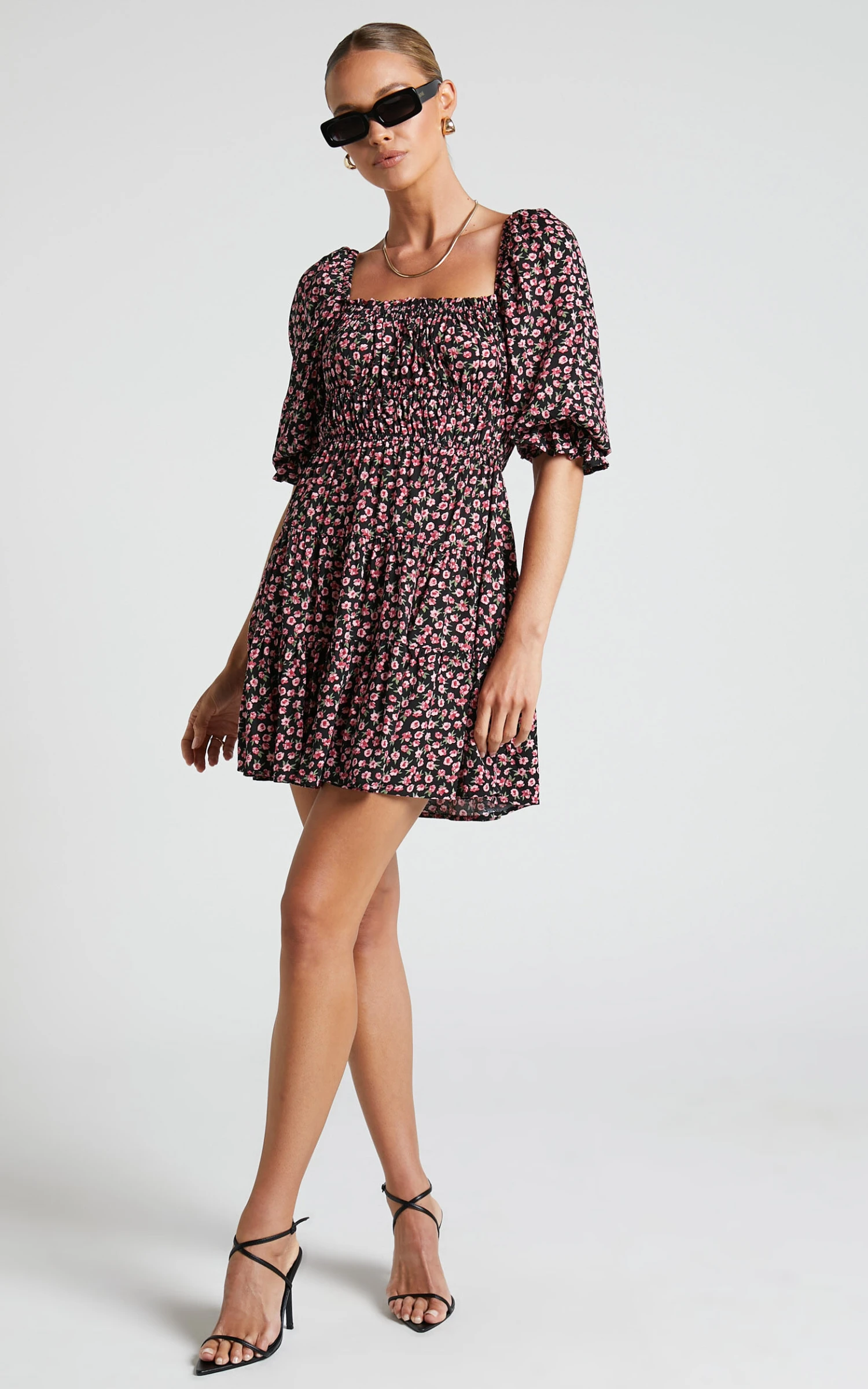 Showpo Zaley Mini Dress - Ruched Bodice 3/4 Puff Sleeve Dress In Black Floral 4 Showpo Zaley Mini Dress - Ruched Bodice 3/4 Puff Sleeve Dress In Black Floral - Image 4