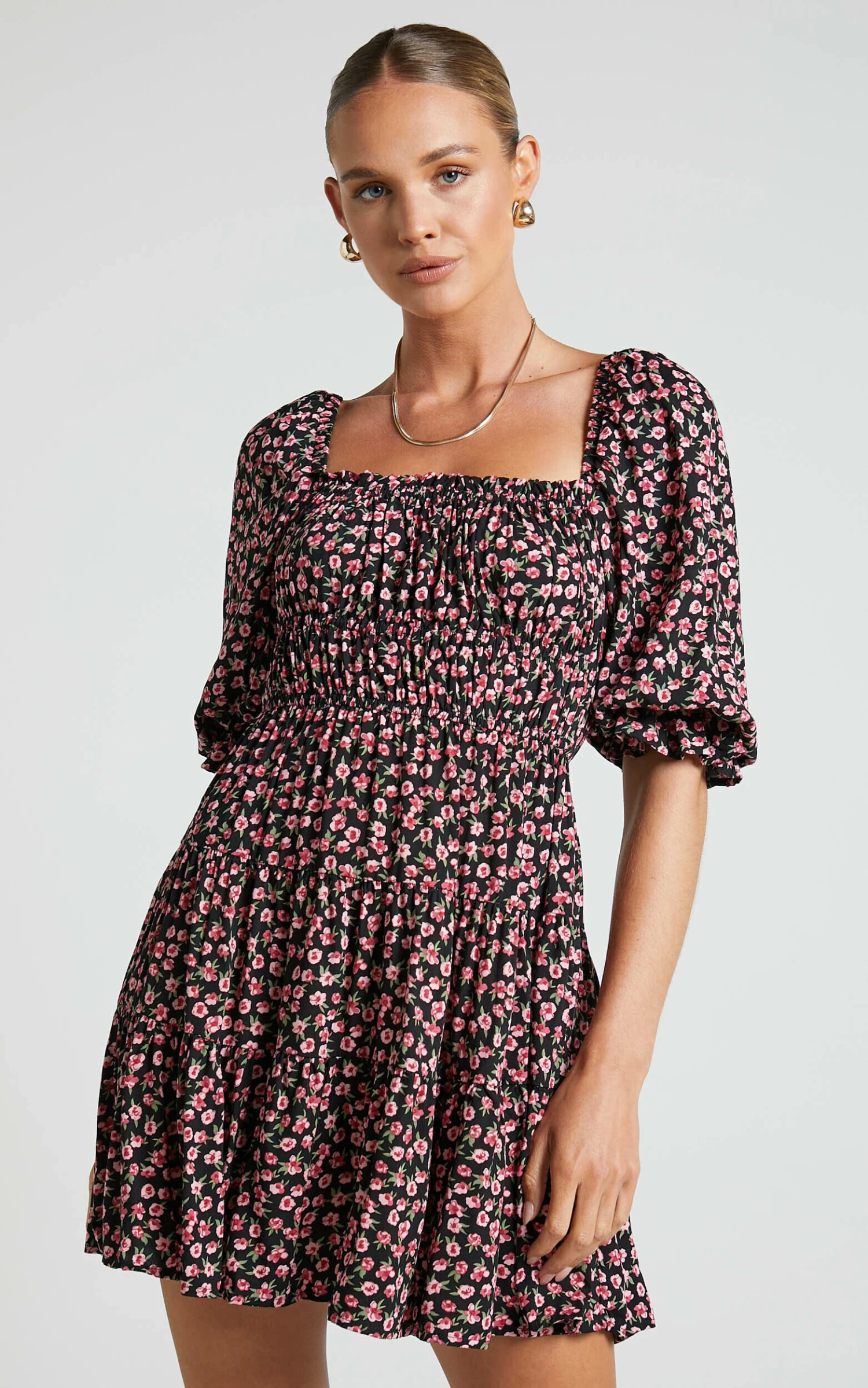 Showpo Zaley Mini Dress - Ruched Bodice 3/4 Puff Sleeve Dress In Black Floral 2 Showpo Zaley Mini Dress - Ruched Bodice 3/4 Puff Sleeve Dress In Black Floral - Image 2