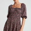 Showpo Zaley Mini Dress - Ruched Bodice 3/4 Puff Sleeve Dress In Black Floral