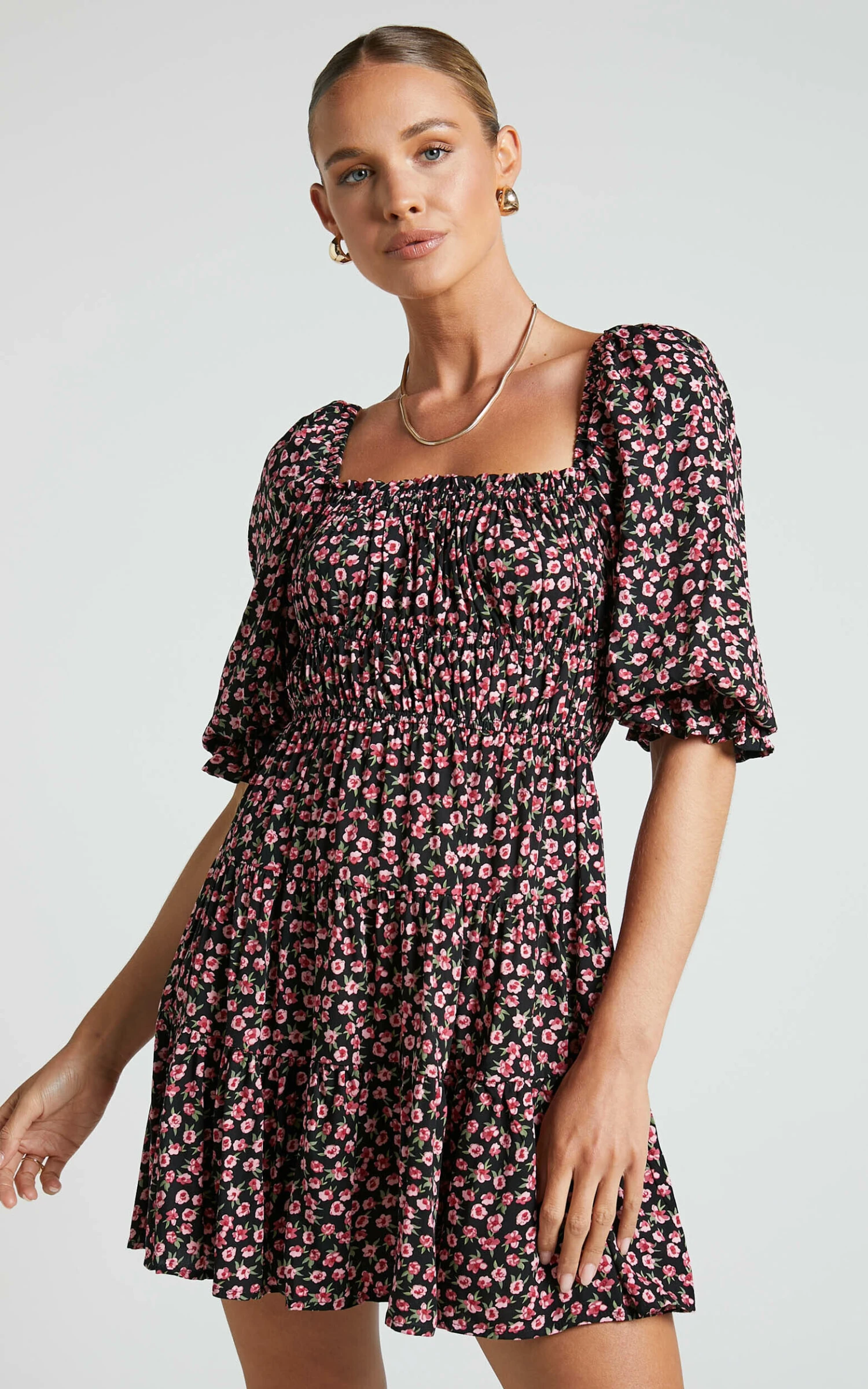 Showpo Zaley Mini Dress - Ruched Bodice 3/4 Puff Sleeve Dress In Black Floral 5 Showpo Zaley Mini Dress - Ruched Bodice 3/4 Puff Sleeve Dress In Black Floral - Image 5