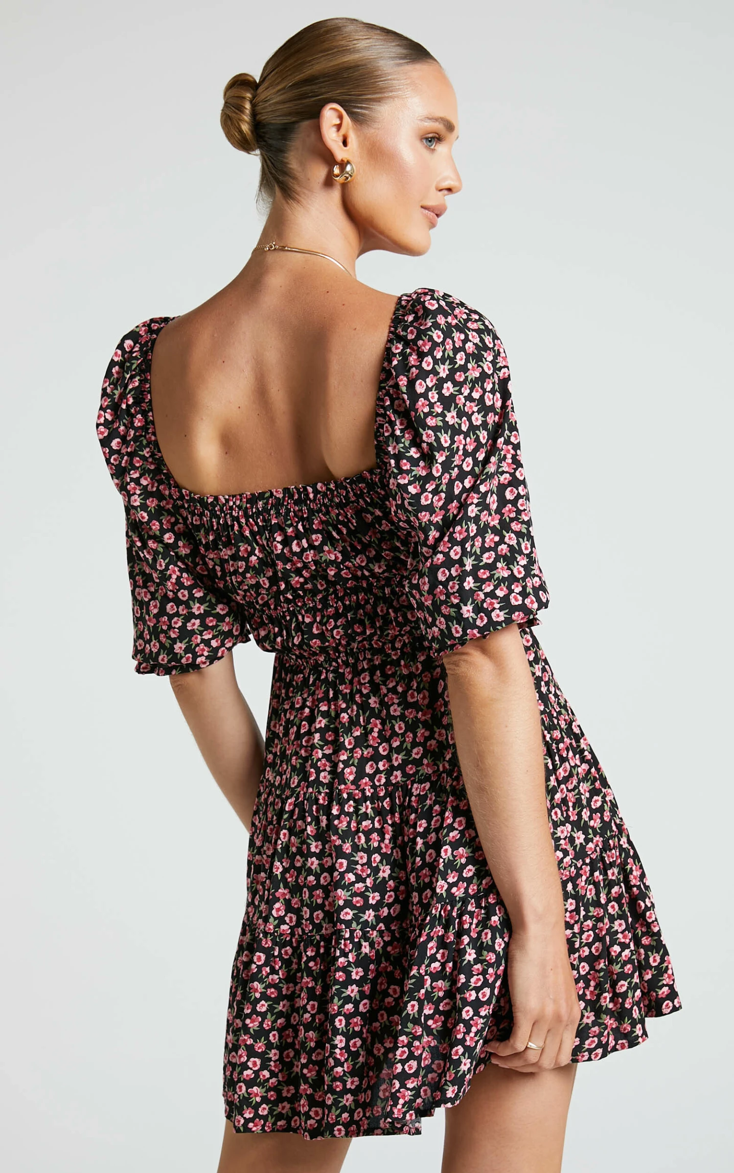Showpo Zaley Mini Dress - Ruched Bodice 3/4 Puff Sleeve Dress In Black Floral 7 Showpo Zaley Mini Dress - Ruched Bodice 3/4 Puff Sleeve Dress In Black Floral - Image 7