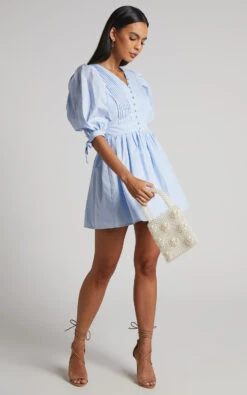 Showpo Zandra Puff Sleeve Poplin Mini Dress In Icy Blue -Showpo Women's Clothing Store Zandra Puff Sleeve Poplin Mini Dress in Icy Blue 1