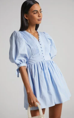 Showpo Zandra Puff Sleeve Poplin Mini Dress In Icy Blue -Showpo Women's Clothing Store Zandra Puff Sleeve Poplin Mini Dress in Icy Blue 2