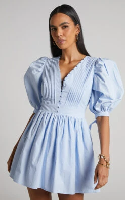 Showpo Zandra Puff Sleeve Poplin Mini Dress In Icy Blue -Showpo Women's Clothing Store Zandra Puff Sleeve Poplin Mini Dress in Icy Blue 5