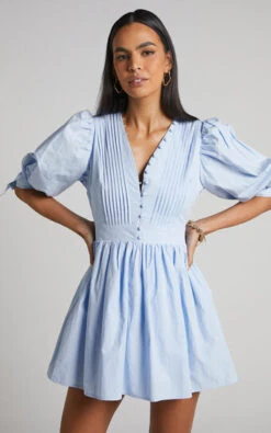 Showpo Zandra Puff Sleeve Poplin Mini Dress In Icy Blue
