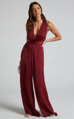 Showpo Zarina Plunge Neck Twist Back Jumpsuit In Maroon