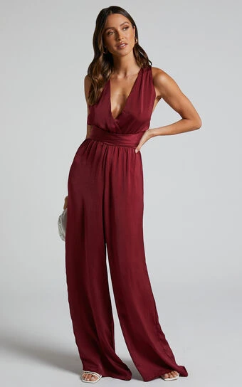 Showpo Zarina Plunge Neck Twist Back Jumpsuit In Maroon 1 Showpo Zarina Plunge Neck Twist Back Jumpsuit In Maroon