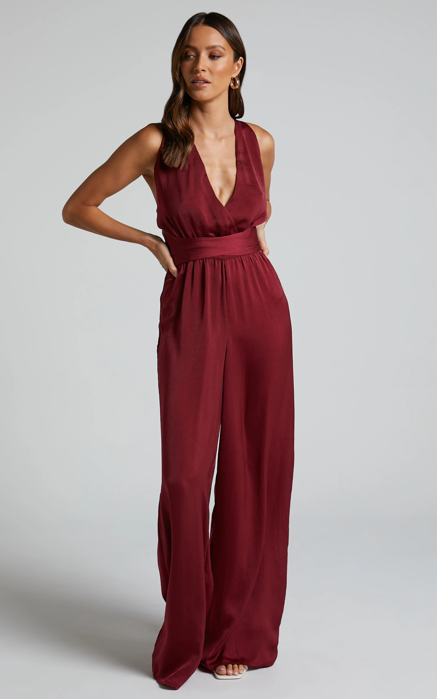 Showpo Zarina Plunge Neck Twist Back Jumpsuit In Maroon 4 Showpo Zarina Plunge Neck Twist Back Jumpsuit In Maroon - Image 4