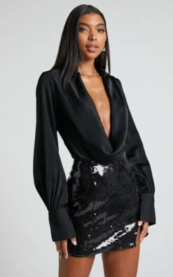 Showpo Zephyr Plunge Neck Cowl Bodysuit In Black