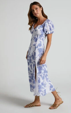 Showpo Zonya Midi Dress - Off Shoulder Thigh Split Dress In Blue Silhouette Floral -Showpo Women's Clothing Store Zonya Midi Dress Off Shoulder Thigh Split Dress in Blue Silhouette Floral 2