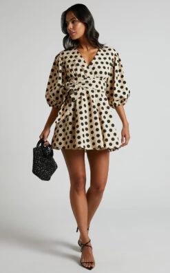 Showpo Zyann Puff Sleeve Wrap Mini Dress In Biscuit Spot 11 Showpo Zyann Puff Sleeve Wrap Mini Dress In Biscuit Spot -Showpo Women's Clothing Store Zyann Puff Sleeve Wrap Mini Dress in Biscuit Spot 22