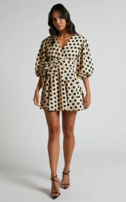 Showpo Zyann Puff Sleeve Wrap Mini Dress In Biscuit Spot 10 Showpo Zyann Puff Sleeve Wrap Mini Dress In Biscuit Spot -Showpo Women's Clothing Store Zyann Puff Sleeve Wrap Mini Dress in Biscuit Spot 31