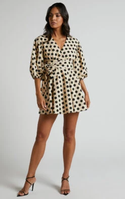 Showpo Zyann Puff Sleeve Wrap Mini Dress In Biscuit Spot 13 Showpo Zyann Puff Sleeve Wrap Mini Dress In Biscuit Spot -Showpo Women's Clothing Store Zyann Puff Sleeve Wrap Mini Dress in Biscuit Spot 33