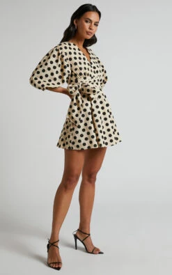 Showpo Zyann Puff Sleeve Wrap Mini Dress In Biscuit Spot 14 Showpo Zyann Puff Sleeve Wrap Mini Dress In Biscuit Spot -Showpo Women's Clothing Store Zyann Puff Sleeve Wrap Mini Dress in Biscuit Spot 40