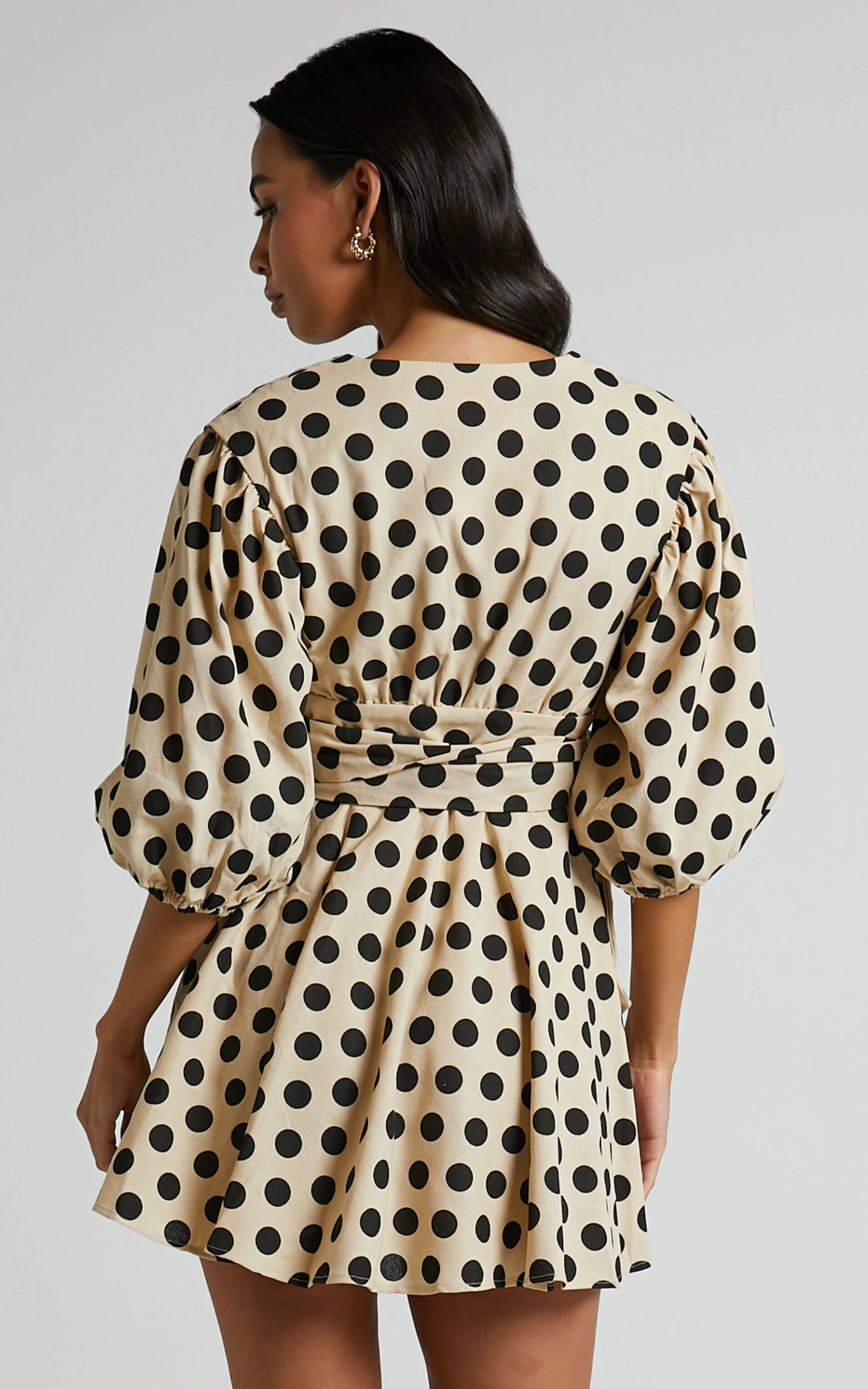 Showpo Zyann Puff Sleeve Wrap Mini Dress In Biscuit Spot 8 Showpo Zyann Puff Sleeve Wrap Mini Dress In Biscuit Spot - Image 8