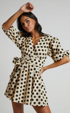 Showpo Zyann Puff Sleeve Wrap Mini Dress In Biscuit Spot 12 Showpo Zyann Puff Sleeve Wrap Mini Dress In Biscuit Spot -Showpo Women's Clothing Store Zyann Puff Sleeve Wrap Mini Dress in Biscuit Spot 61