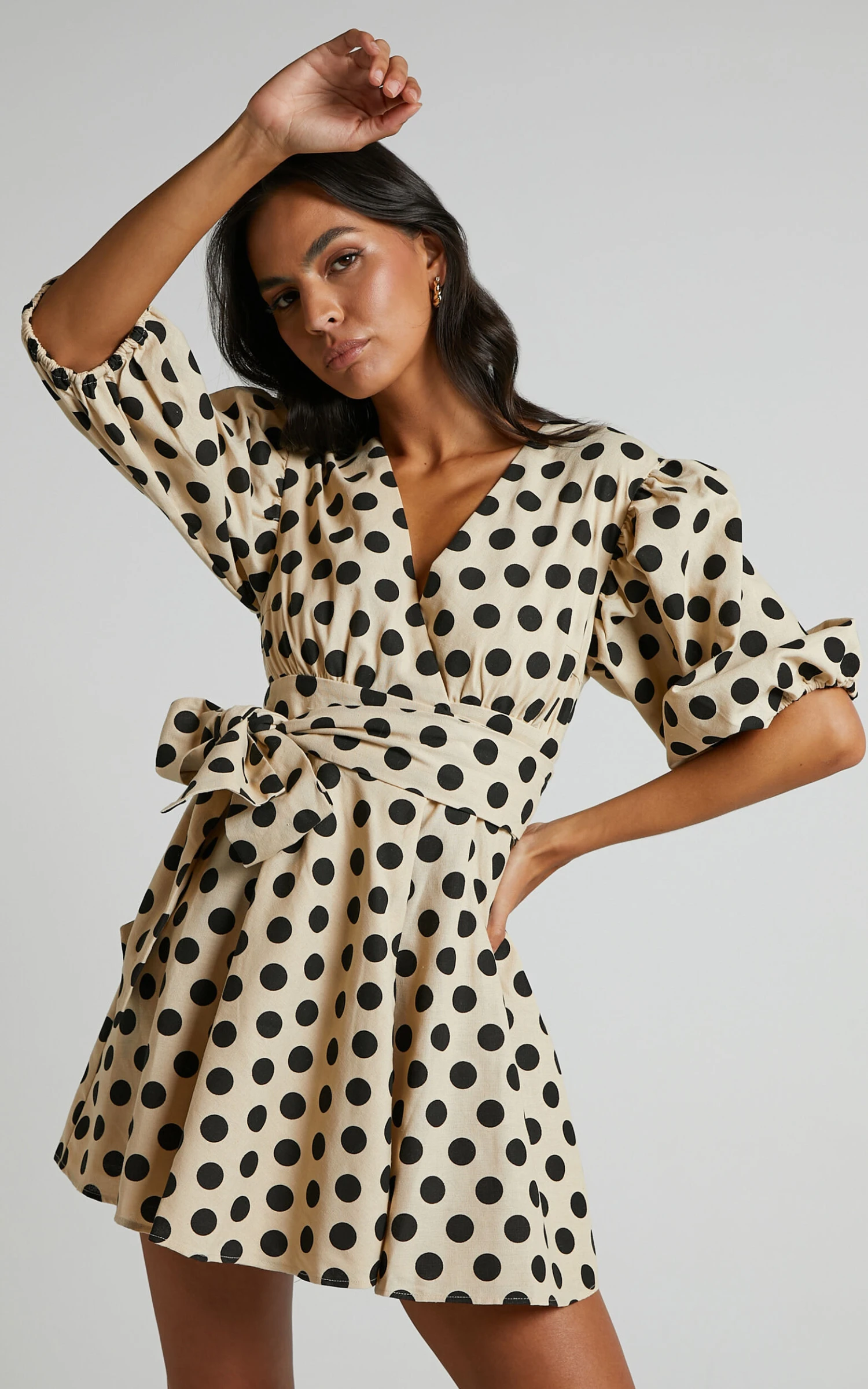 Showpo Zyann Puff Sleeve Wrap Mini Dress In Biscuit Spot 5 Showpo Zyann Puff Sleeve Wrap Mini Dress In Biscuit Spot - Image 5