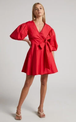 Showpo Zyla Puff Sleeve Wrap Mini Dress In Red 9 Showpo Zyla Puff Sleeve Wrap Mini Dress In Red -Showpo Women's Clothing Store Zyla Puff Sleeve Wrap Mini Dress in Red 2528SD21050032082529