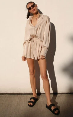 Showpo Azurine Shorts - Elastic Waist Satin Shorts In Oyster