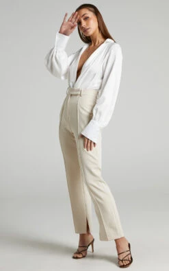 Showpo Rogers - High Waisted Pants In Beige 11 Showpo Rogers - High Waisted Pants In Beige -Showpo Women's Clothing Store please straighten fabric at back of knee on left side of pants