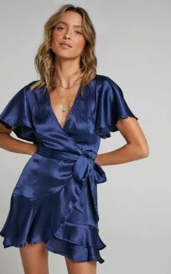 Showpo All I Want To Be Ruffle Mini Dress In Navy Satin