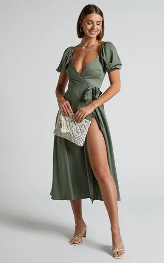Showpo Cressida Midi Dress - Puff Sleeve Wrap Dress In Olive 1 Showpo Cressida Midi Dress - Puff Sleeve Wrap Dress In Olive