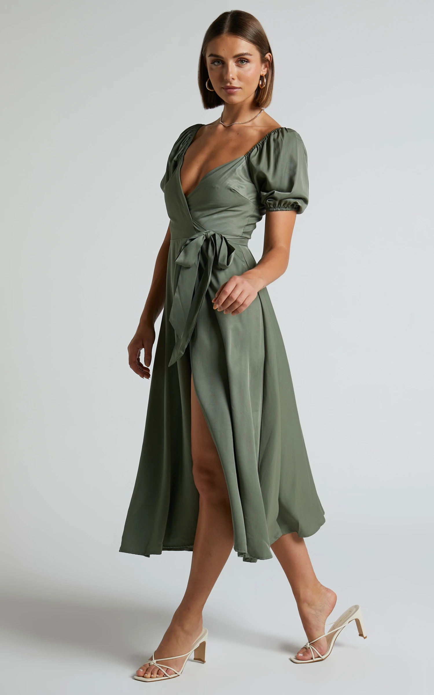 Showpo Cressida Midi Dress - Puff Sleeve Wrap Dress In Olive 5 Showpo Cressida Midi Dress - Puff Sleeve Wrap Dress In Olive - Image 5