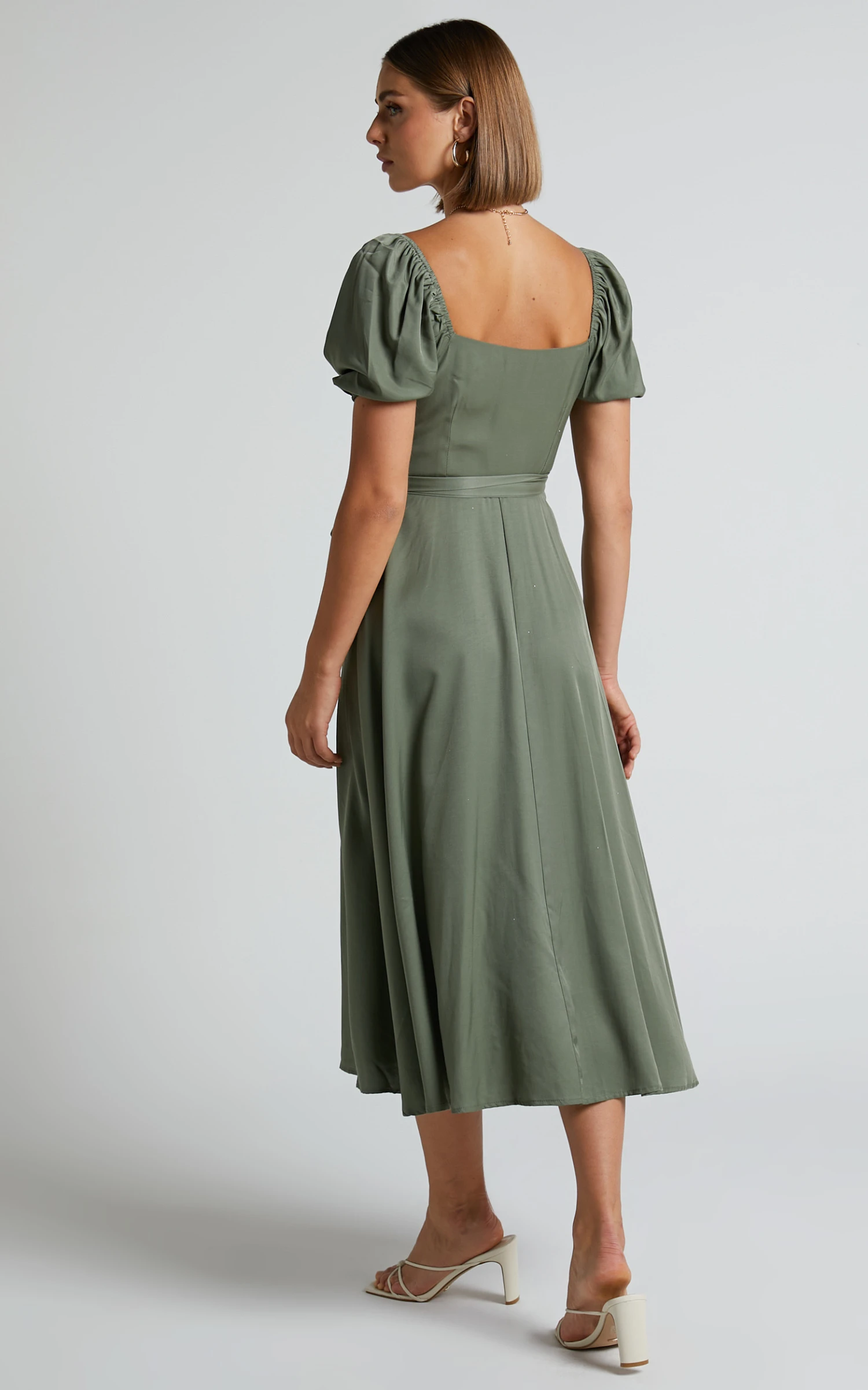 Showpo Cressida Midi Dress - Puff Sleeve Wrap Dress In Olive 8 Showpo Cressida Midi Dress - Puff Sleeve Wrap Dress In Olive - Image 8