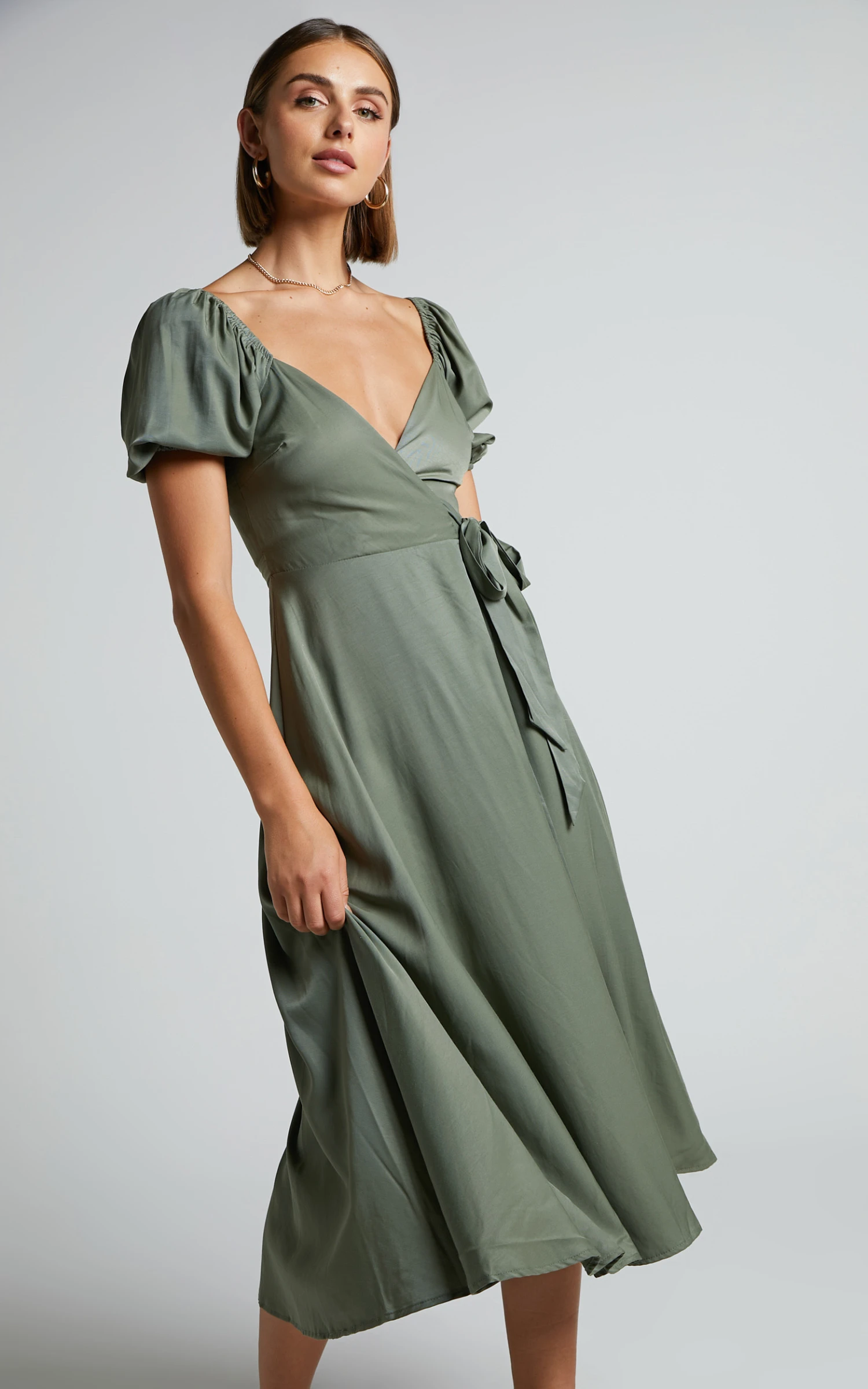Showpo Cressida Midi Dress - Puff Sleeve Wrap Dress In Olive 7 Showpo Cressida Midi Dress - Puff Sleeve Wrap Dress In Olive - Image 7